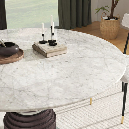 1360mm Grey Faux Marble Round Dining Table with Solid Wood Pedestal - 
