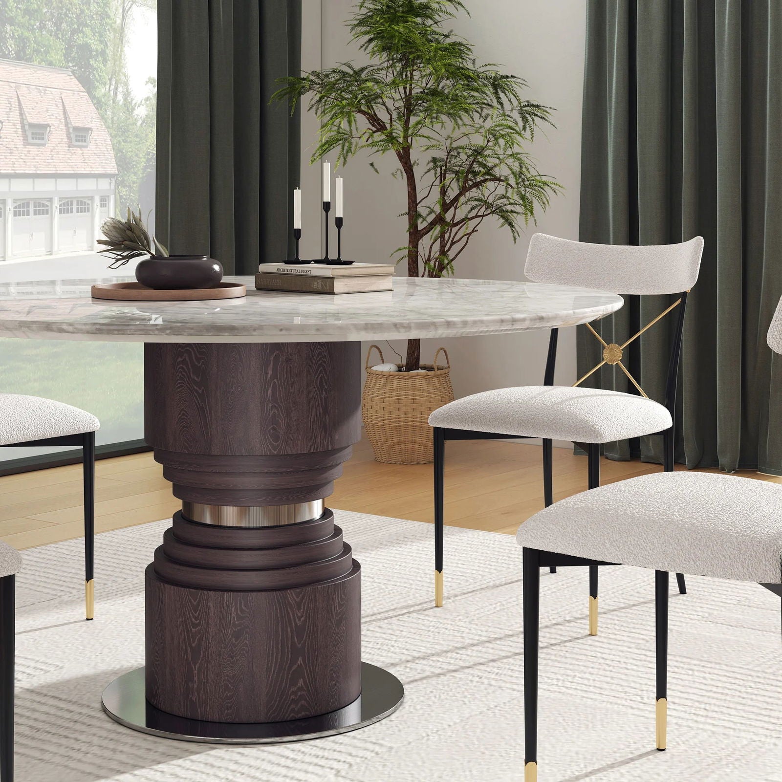1360mm Grey Faux Marble Round Dining Table with Solid Wood Pedestal - Homary