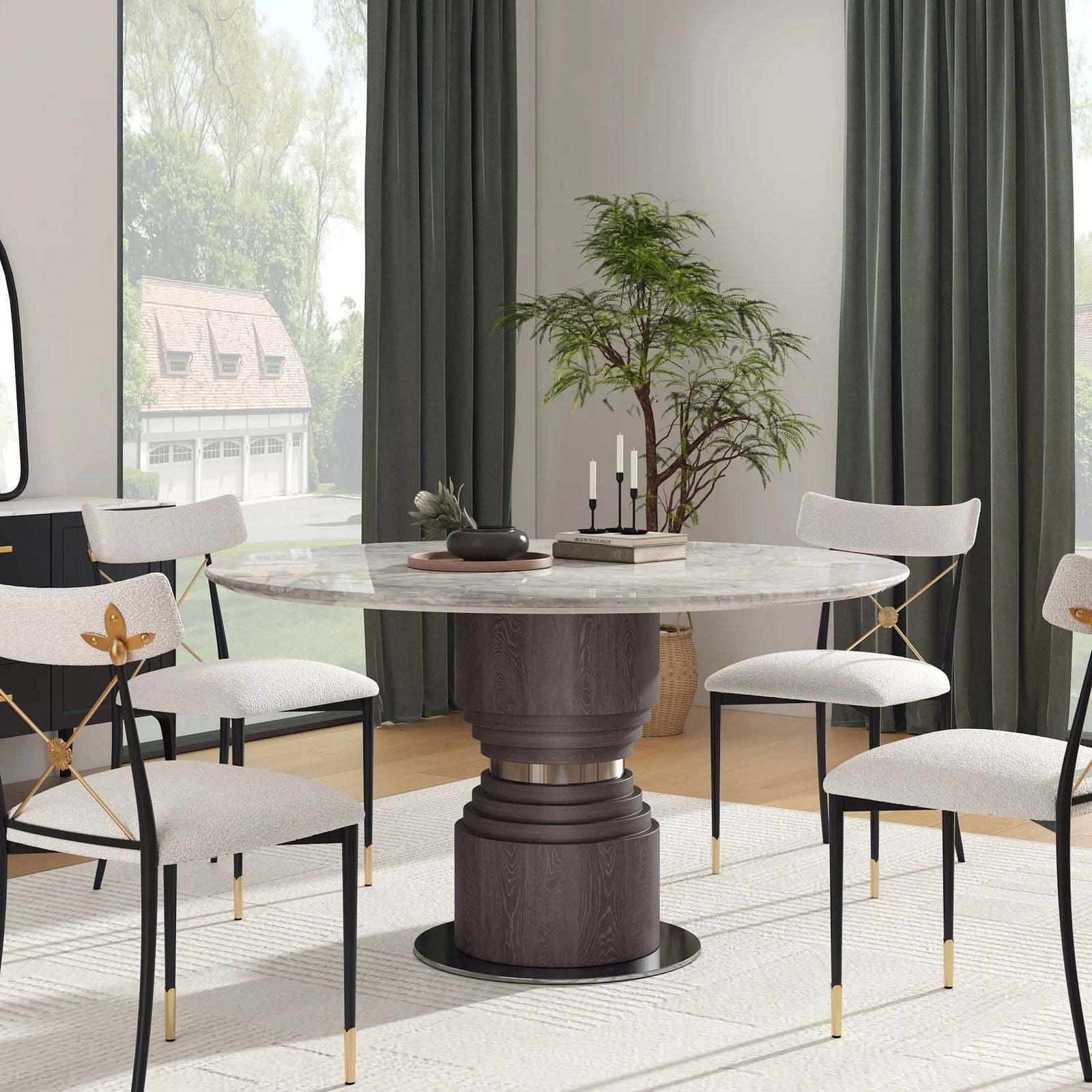 1360mm Grey Faux Marble Round Dining Table with Solid Wood Pedestal - Homary