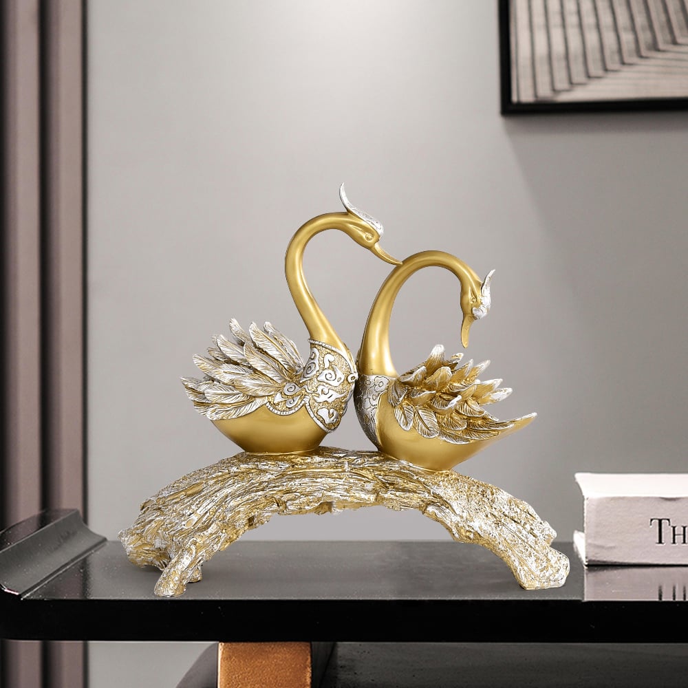 14.2" Gold Modern Simulation Couple Swan Sculpture Art Ornament Home Table Statue Decor - 