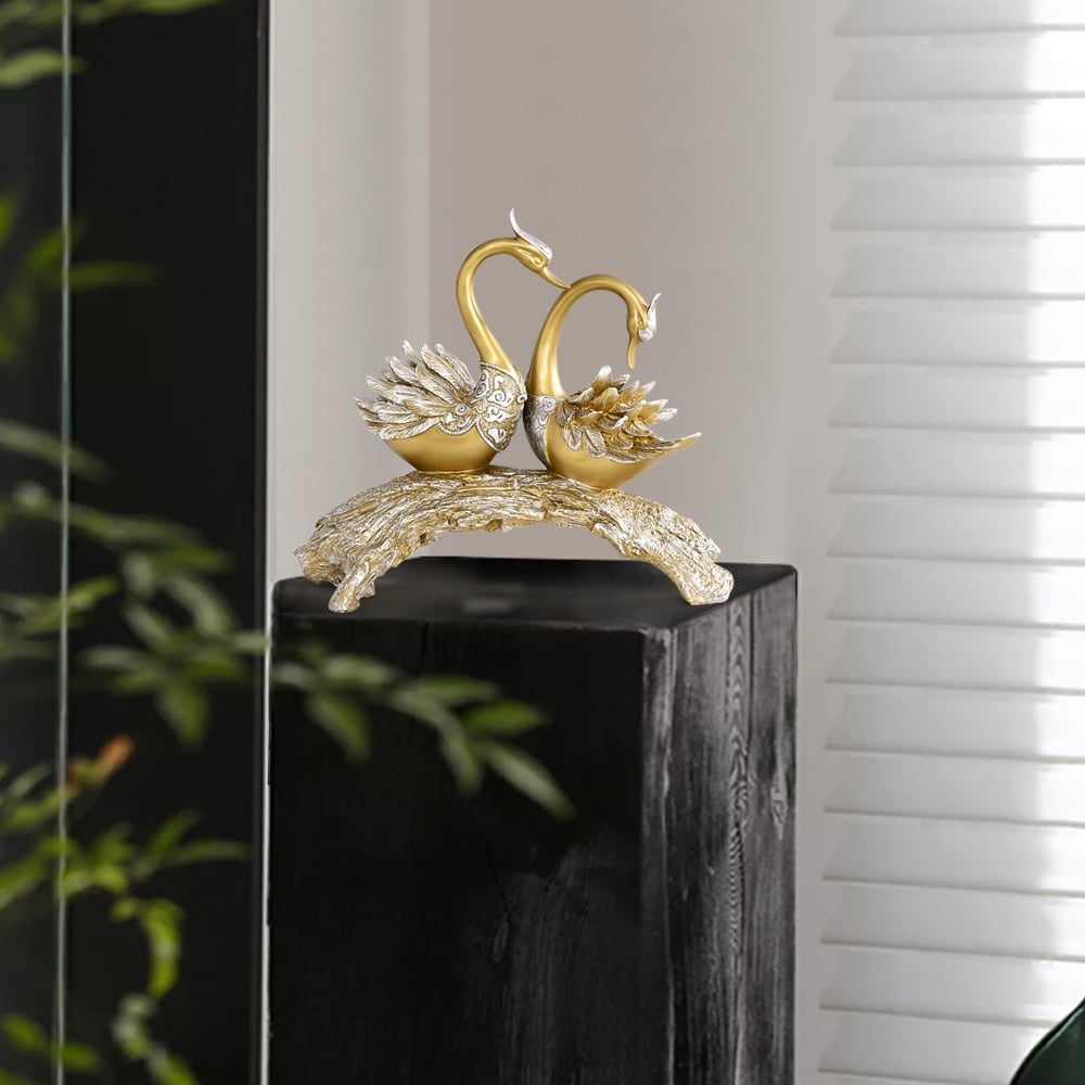 14.2" Gold Modern Simulation Couple Swan Sculpture Art Ornament Home Table Statue Decor - 