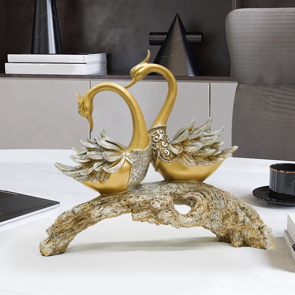 14.2" Gold Modern Simulation Couple Swan Sculpture Art Ornament Home Table Statue Decor - 