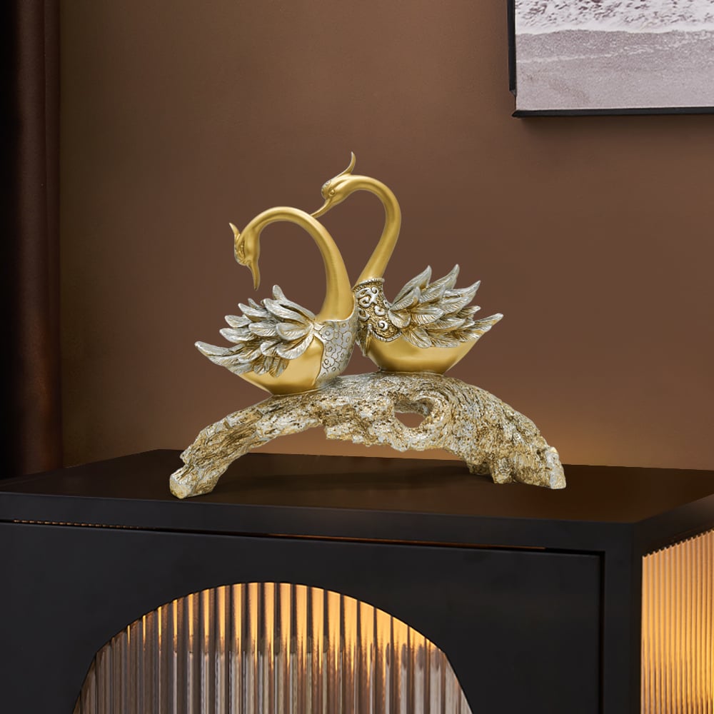 14.2" Gold Modern Simulation Couple Swan Sculpture Art Ornament Home Table Statue Decor - 