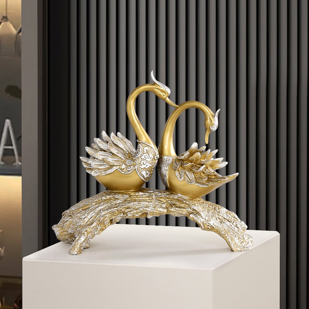 14.2" Gold Modern Simulation Couple Swan Sculpture Art Ornament Home Table Statue Decor - Homary