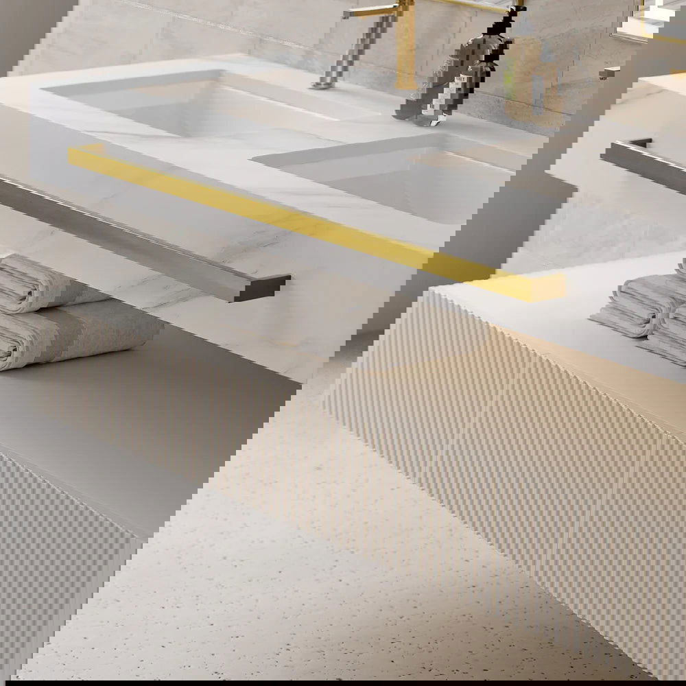 1400mm White Wall Mounted Double Basin Bathroom Vanity with 3 Drawers Faux Marble Top - 