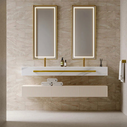 1400mm White Wall Mounted Double Basin Bathroom Vanity with 3 Drawers Faux Marble Top - 