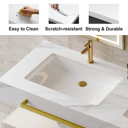 1400mm White Wall Mounted Double Basin Bathroom Vanity with 3 Drawers Faux Marble Top - 