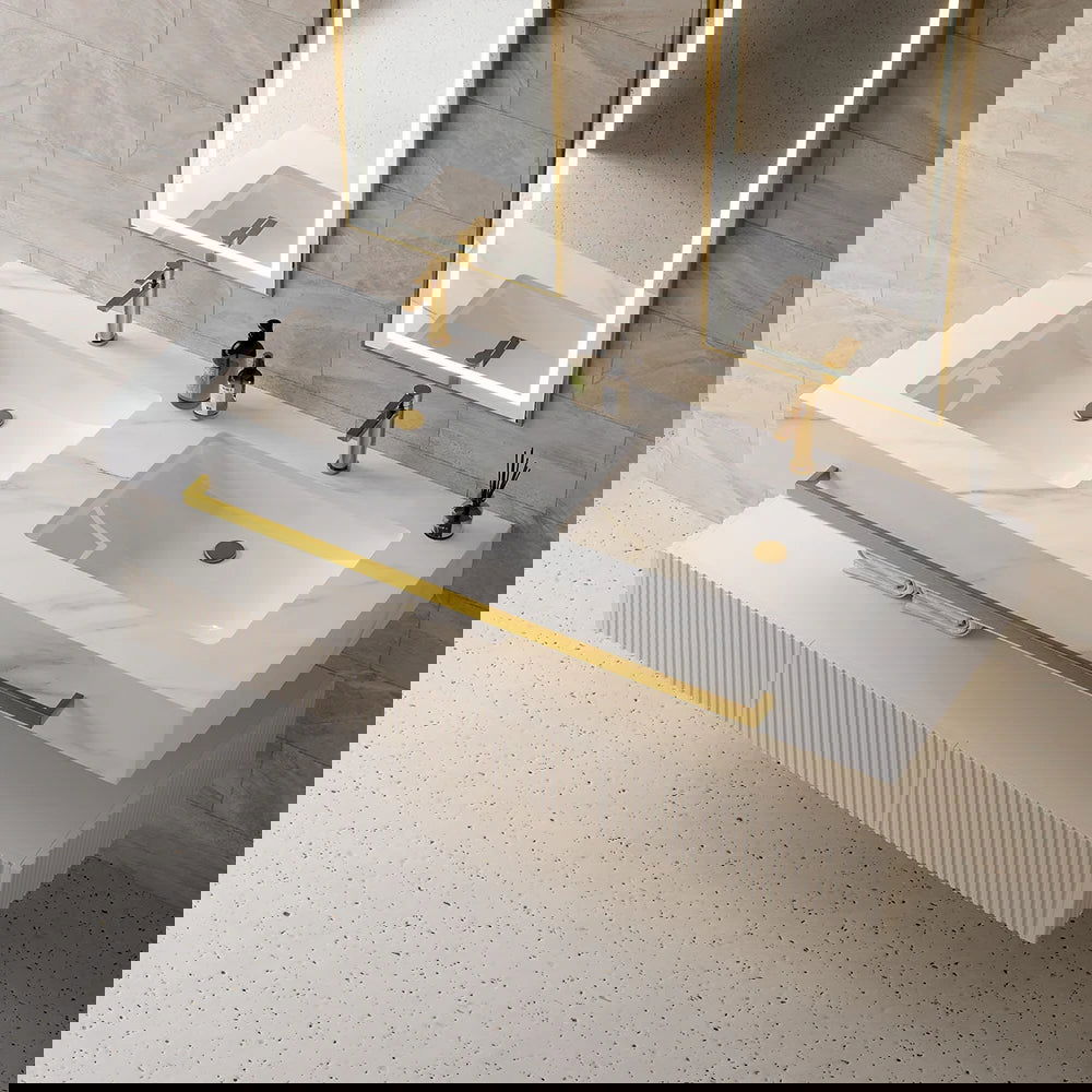 1400mm White Wall Mounted Double Basin Bathroom Vanity with 3 Drawers Faux Marble Top - 