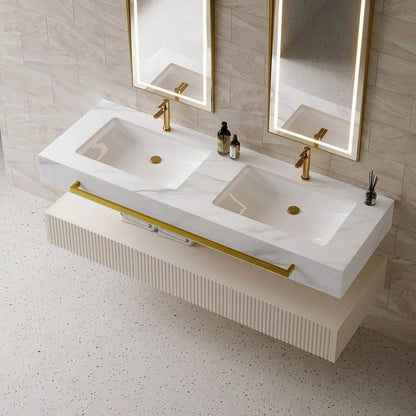 1400mm White Wall Mounted Double Basin Bathroom Vanity with 3 Drawers Faux Marble Top - 
