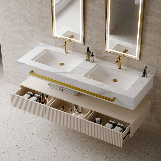 1400mm White Wall Mounted Double Basin Bathroom Vanity with 3 Drawers Faux Marble Top - Homary