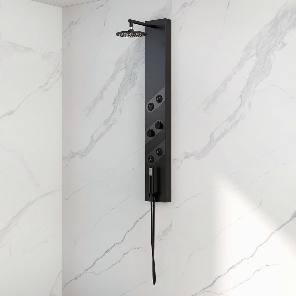 140mm Black Rainfall Shower Panel with Handheld Shower Adjustable Showerhead & Body Jets - 