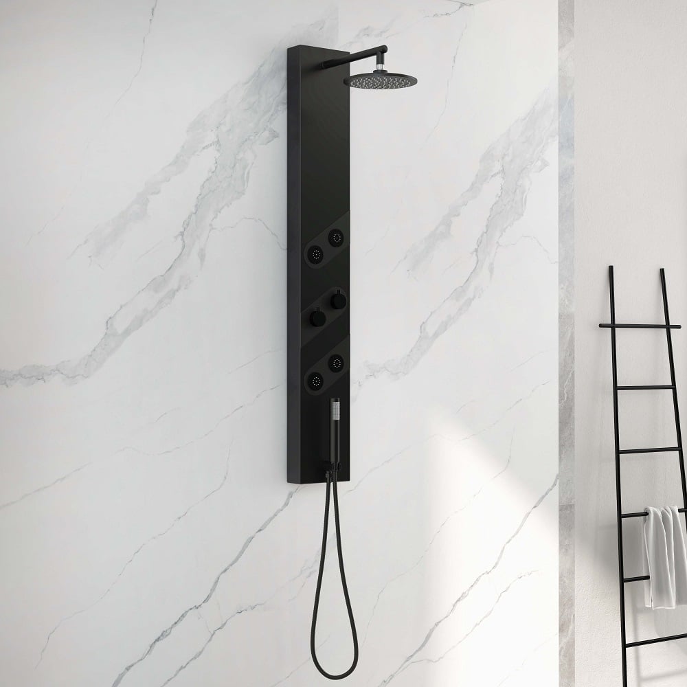 140mm Black Rainfall Shower Panel with Handheld Shower Adjustable Showerhead & Body Jets - 