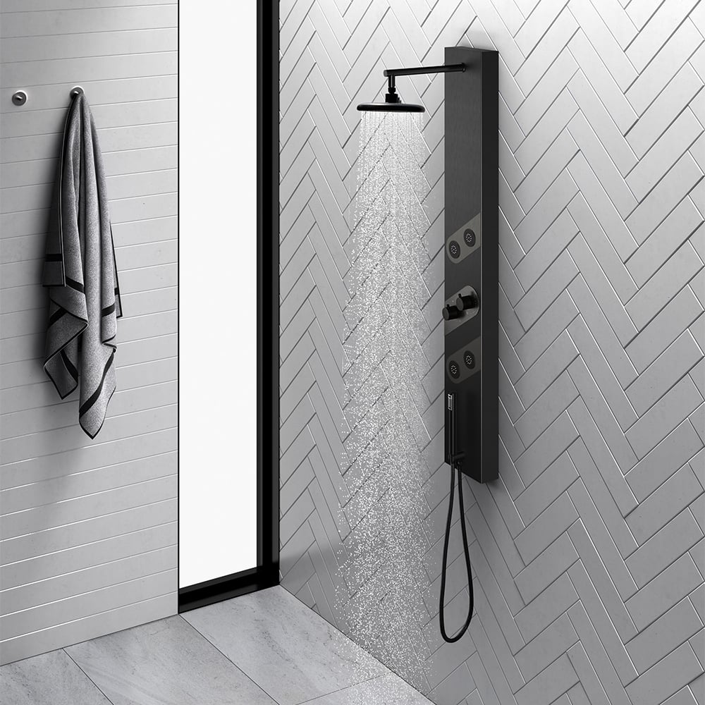 140mm Black Rainfall Shower Panel with Handheld Shower Adjustable Showerhead & Body Jets - 
