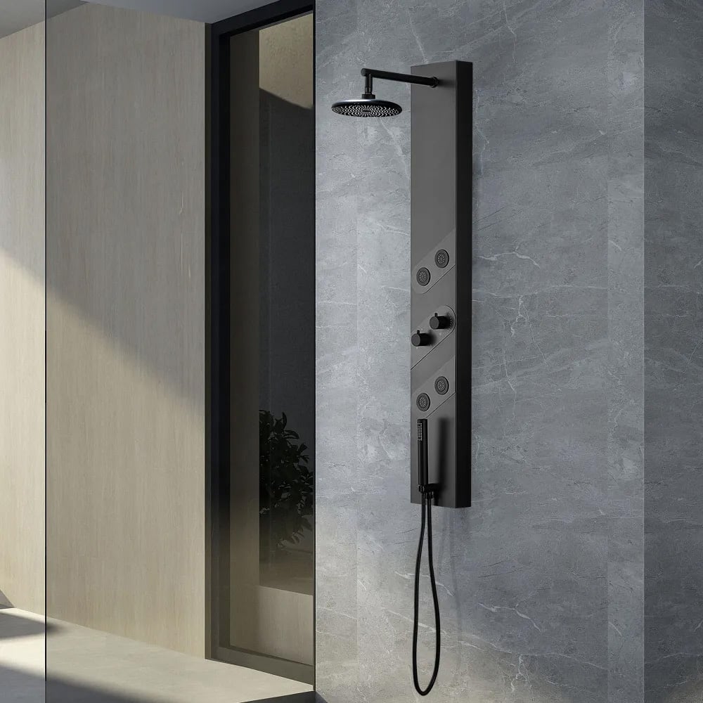 140mm Black Rainfall Shower Panel with Handheld Shower Adjustable Showerhead & Body Jets - Homary