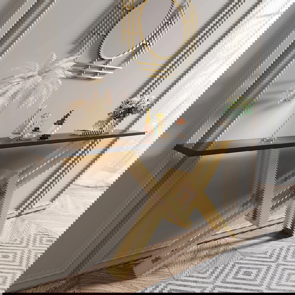 1500mm Black & Gold Narrow Console Table Accent Table For Hallway X Base & Metal - 