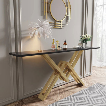 1500mm Black & Gold Narrow Console Table Accent Table For Hallway X Base & Metal - 