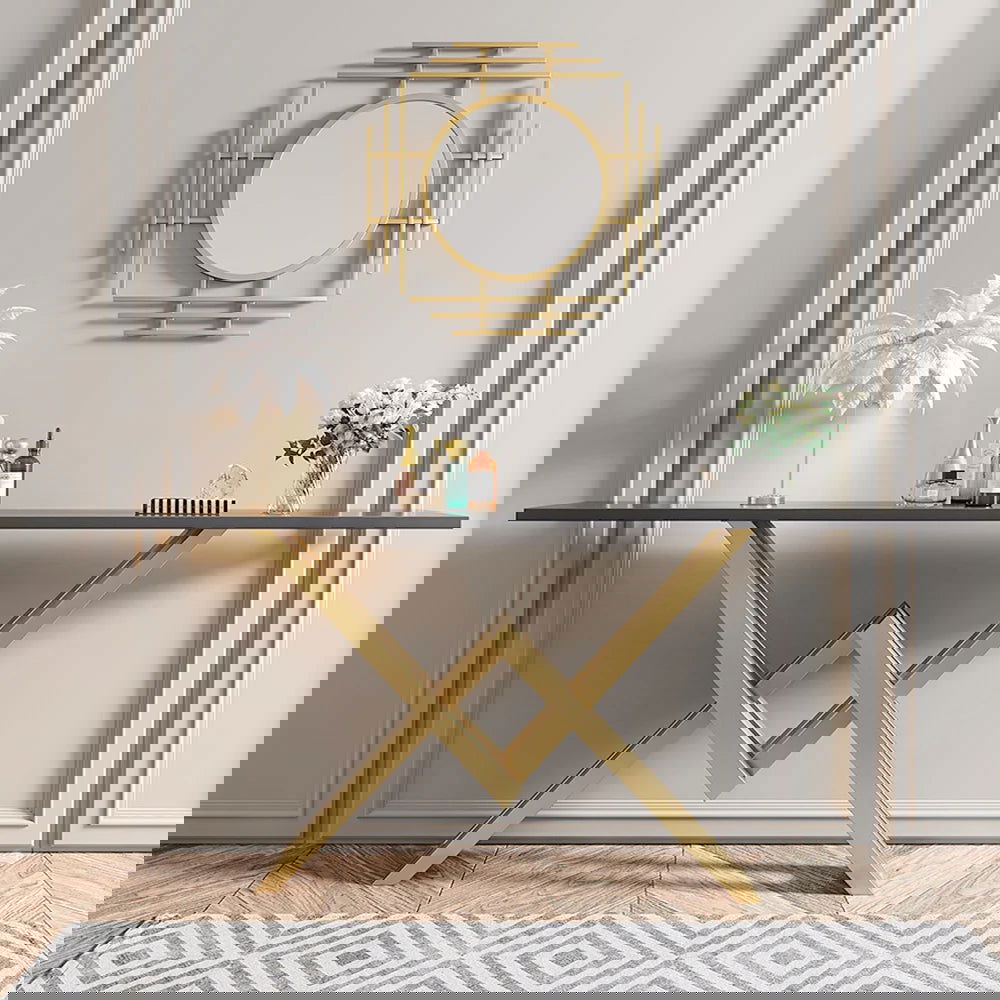 1500mm Black & Gold Narrow Console Table Accent Table For Hallway X Base & Metal - Homary