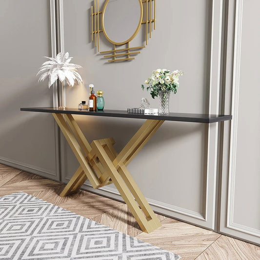 1500mm Black & Gold Narrow Console Table Accent Table For Hallway X Base & Metal - Homary