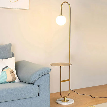 1500mm Modern Arc Floor Lamp with Shelf in Gold with Glass Shade & Marble Base - Homary