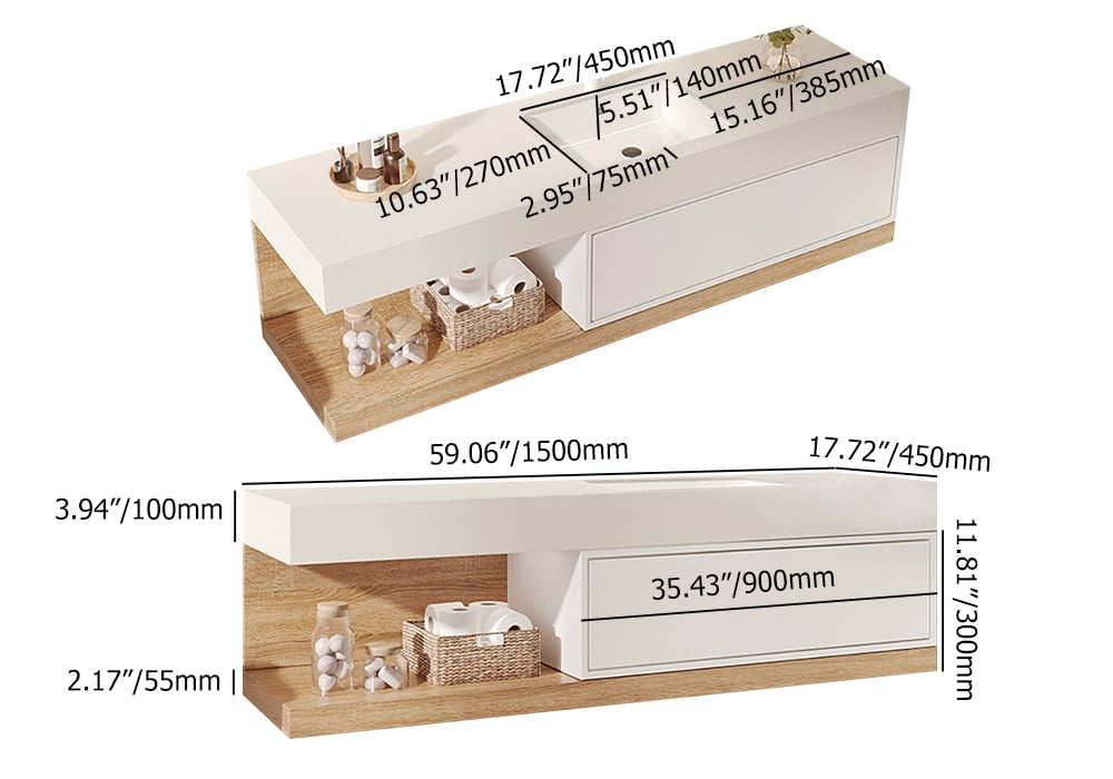 1500mm Modern Floating Bathroom Vanity Set With Single Basin Wall-Mount White & Natural - 