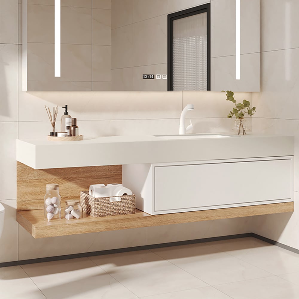 1500mm Modern Floating Bathroom Vanity Set With Single Basin Wall-Mount White & Natural - Homary