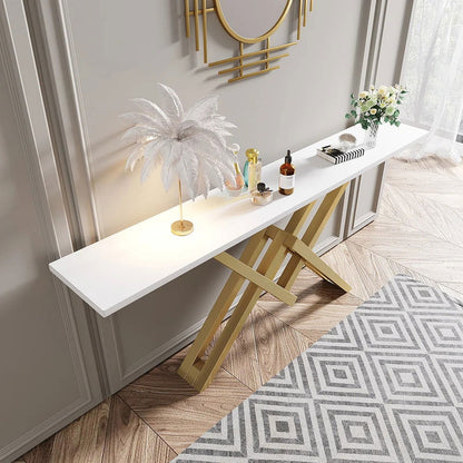 1500mm Narrow White Console Table Modern Style Hallway Table with Gold Metal X Base - 