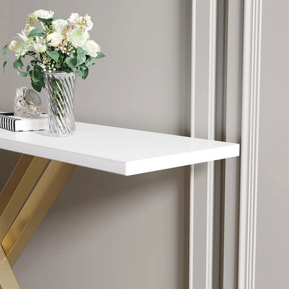 1500mm Narrow White Console Table Modern Style Hallway Table with Gold Metal X Base - 
