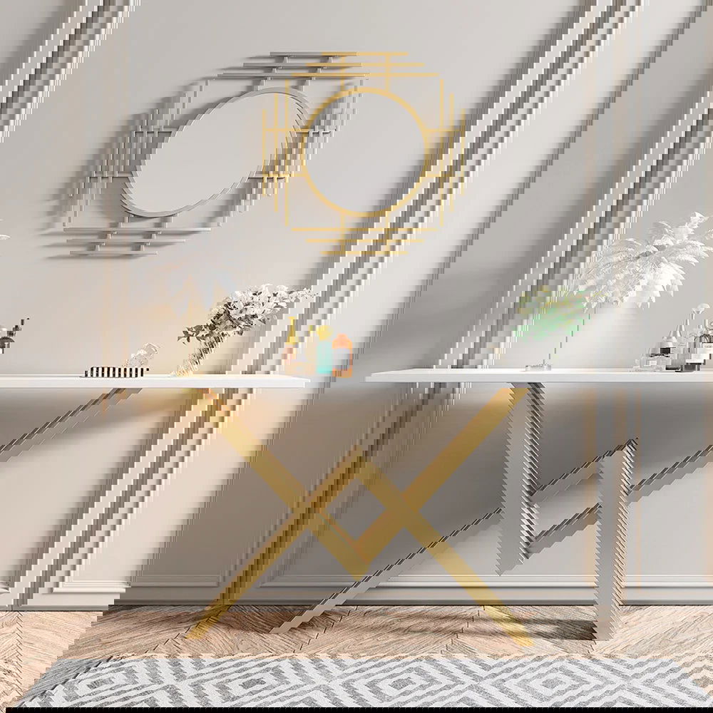 1500mm Narrow White Console Table Modern Style Hallway Table with Gold Metal X Base - Homary