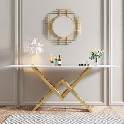 1500mm Narrow White Console Table Modern Style Hallway Table with Gold Metal X Base - Homary
