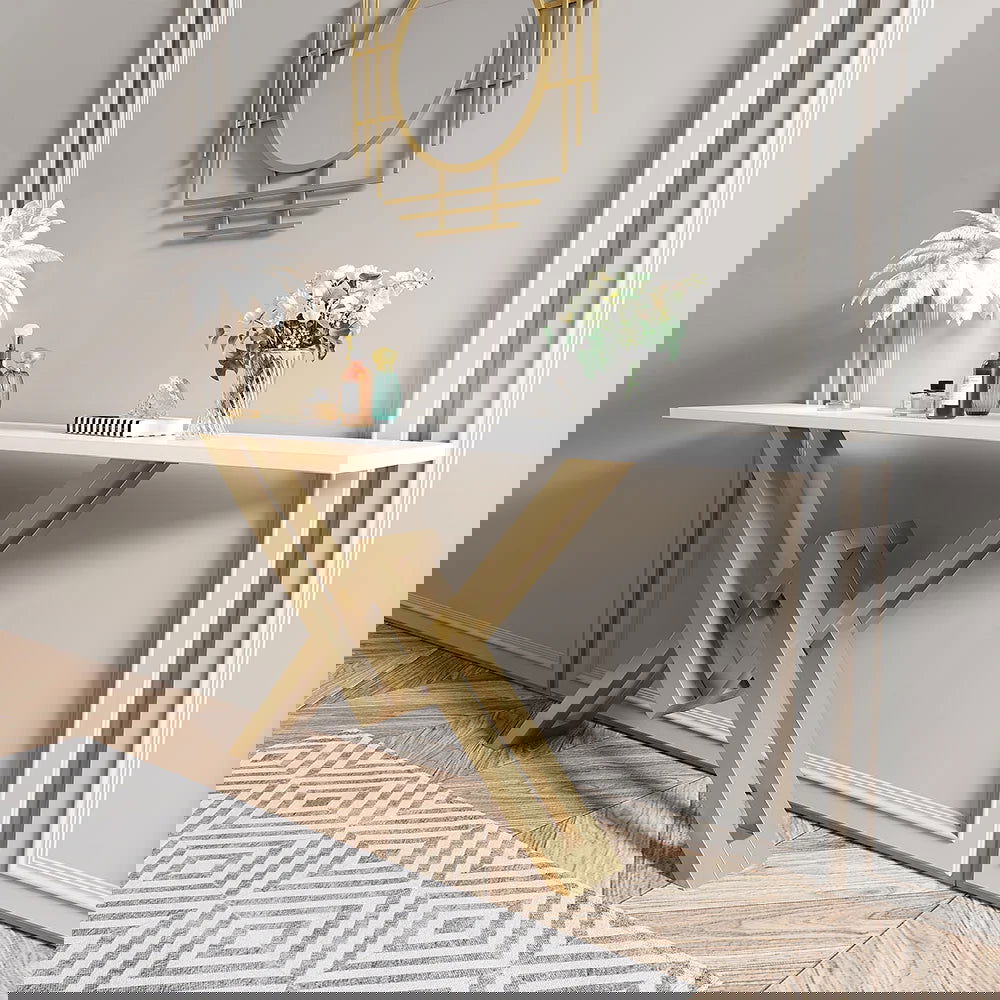 1500mm Narrow White Console Table Modern Style Hallway Table with Gold Metal X Base - Homary