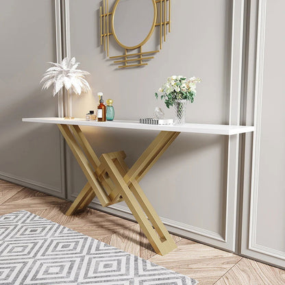 1500mm Narrow White Console Table Modern Style Hallway Table with Gold Metal X Base - Homary