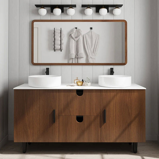 1500mm Teak Wood Freestanding Double Bathroom Vanity with Top Vessel Sink - Homary