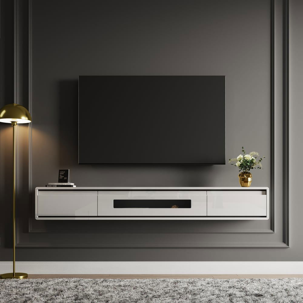 1500mm White Smooth TV Stand Postmodern Minimalist Floating Media Console with Storage - 