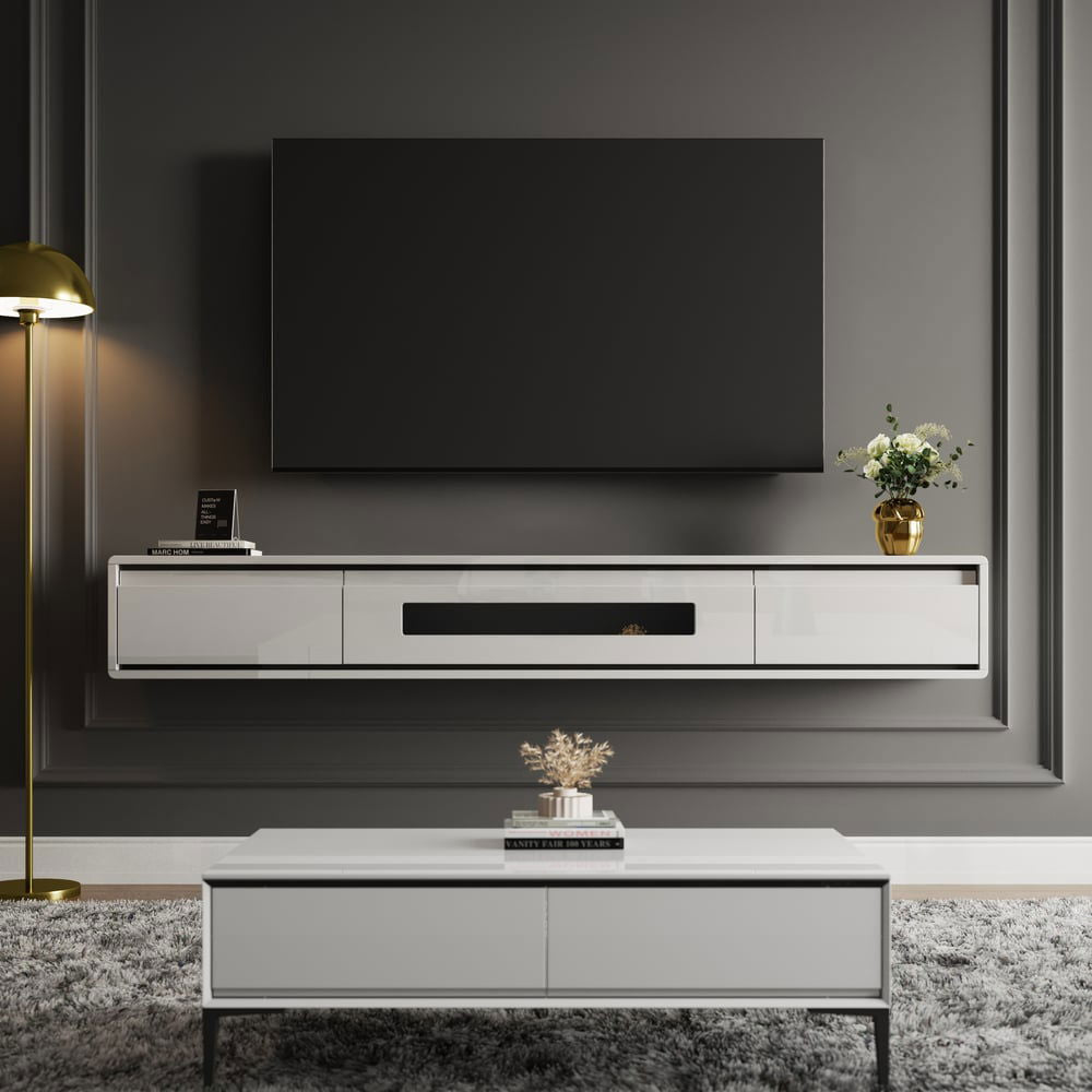 1500mm White Smooth TV Stand Postmodern Minimalist Floating Media Console with Storage - Approved By Design