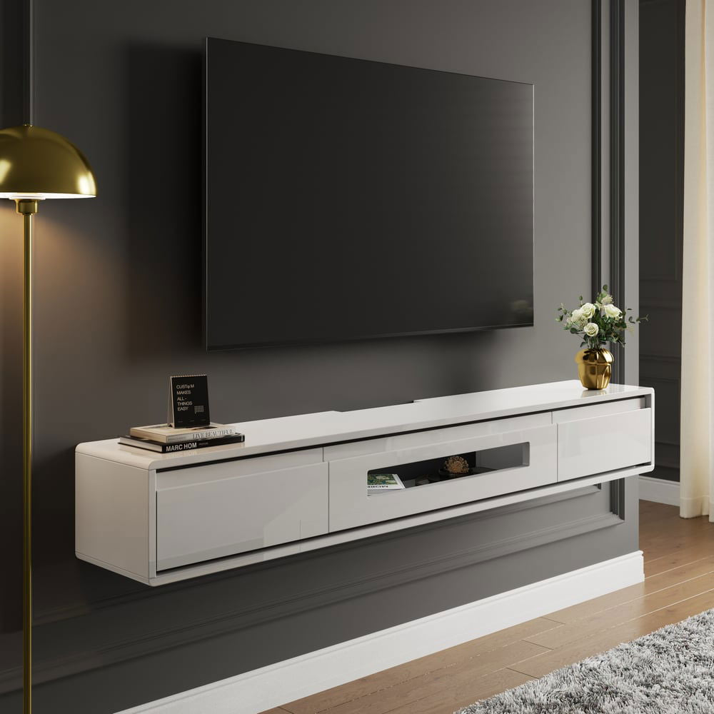 1500mm White Smooth TV Stand Postmodern Minimalist Floating Media Console with Storage - Approved By Design