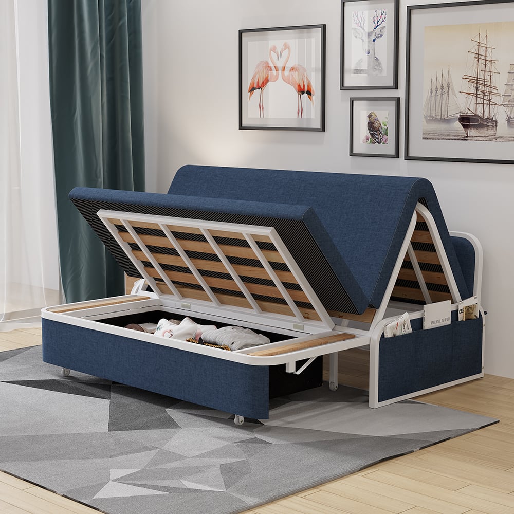 1530mm Modern Blue Cotton Linen Upholstered Convertible Sofa Bed with Storage - 