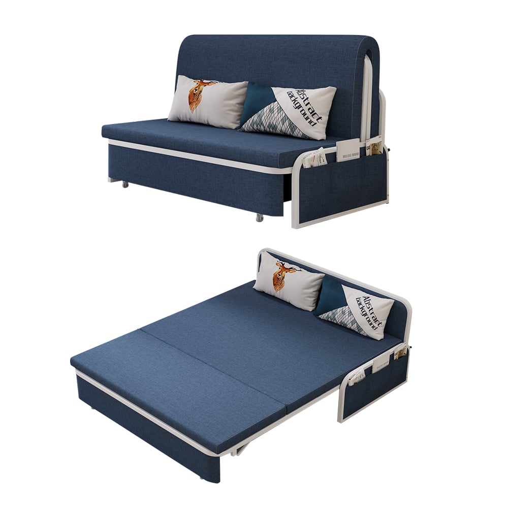 1530mm Modern Blue Cotton Linen Upholstered Convertible Sofa Bed with Storage - 