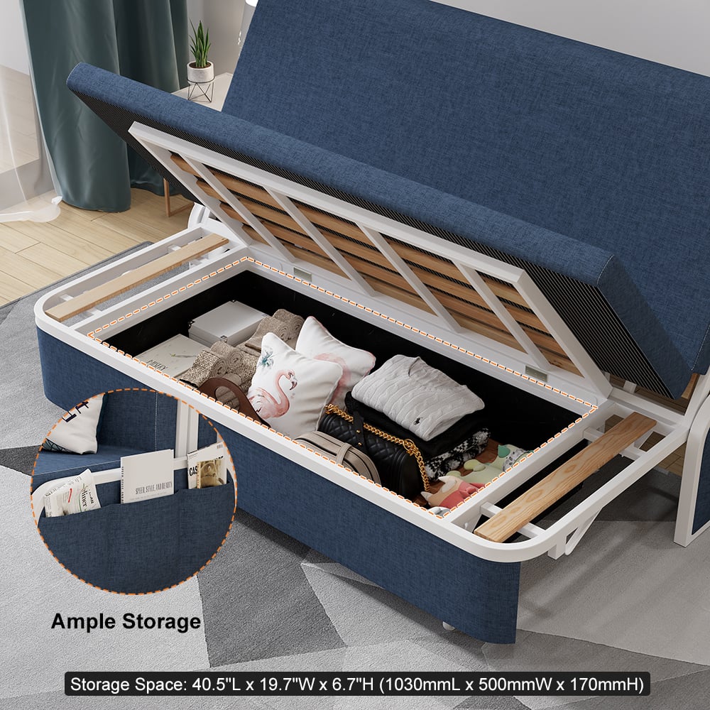 1530mm Modern Blue Cotton Linen Upholstered Convertible Sofa Bed with Storage - 