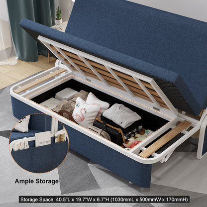 1530mm Modern Blue Cotton Linen Upholstered Convertible Sofa Bed with Storage - 