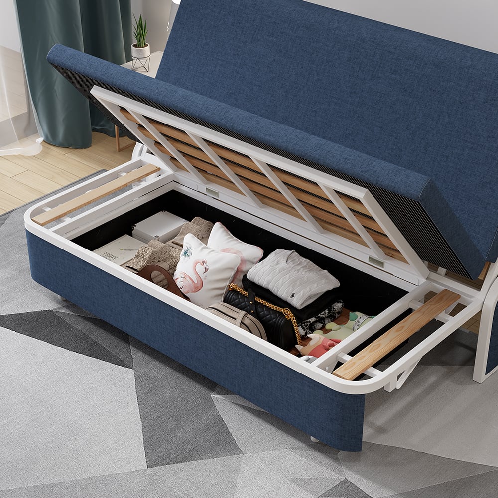 1530mm Modern Blue Cotton Linen Upholstered Convertible Sofa Bed with Storage - 