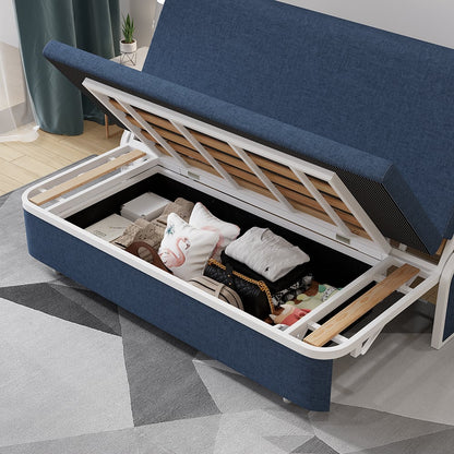 1530mm Modern Blue Cotton Linen Upholstered Convertible Sofa Bed with Storage - 