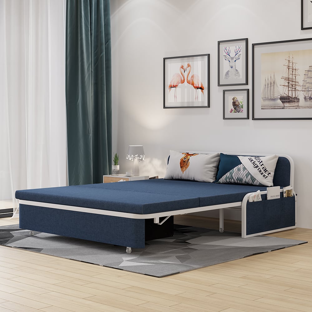 1530mm Modern Blue Cotton Linen Upholstered Convertible Sofa Bed with Storage - 