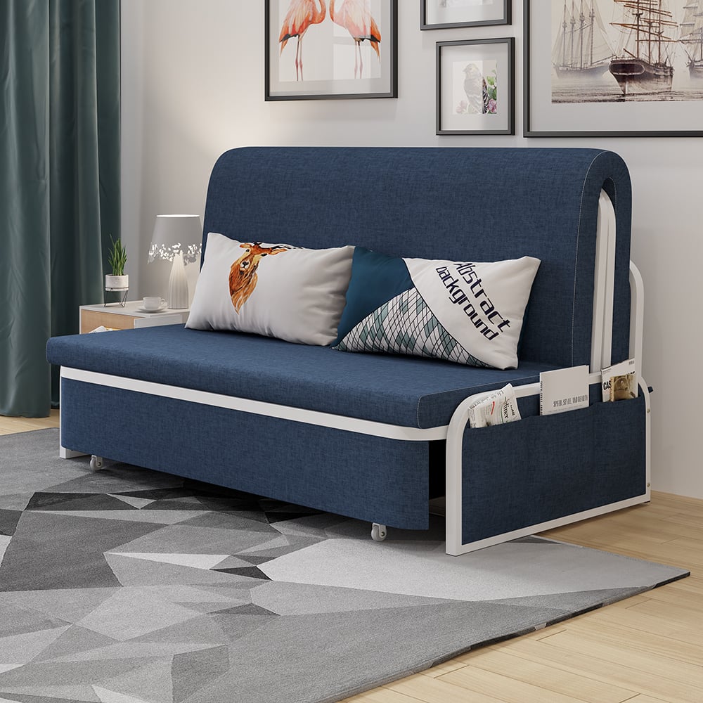 1530mm Modern Blue Cotton Linen Upholstered Convertible Sofa Bed with Storage - 
