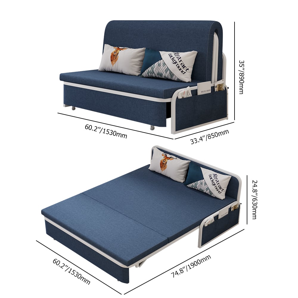 1530mm Modern Blue Cotton Linen Upholstered Convertible Sofa Bed with Storage - 