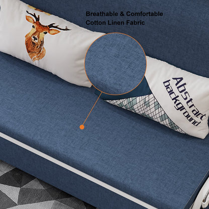 1530mm Modern Blue Cotton Linen Upholstered Convertible Sofa Bed with Storage - 