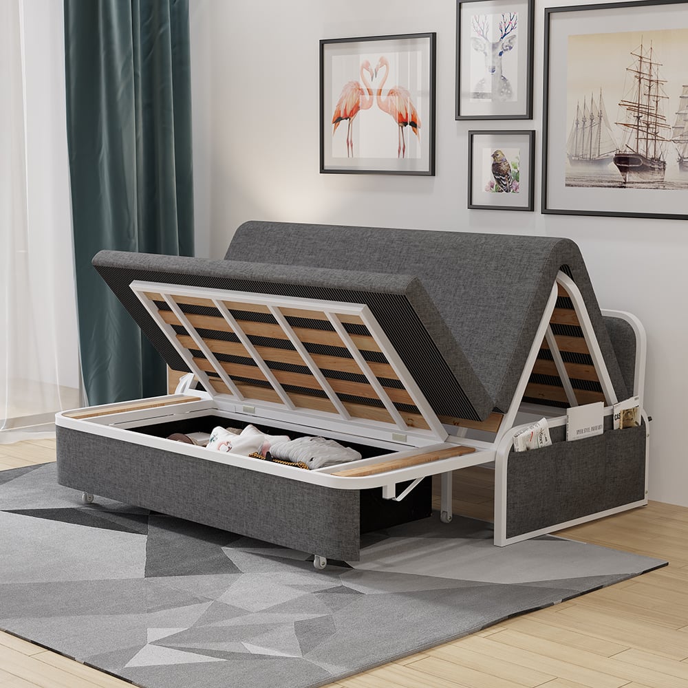 1530mm Modern Deep Grey Cotton Linen Upholstered Convertible Sofa Bed with Storage - Homary