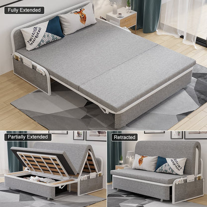 1530mm Modern Light Gray Cotton Linen Upholstered Convertible Pull Out Sofa Bed Storage - 