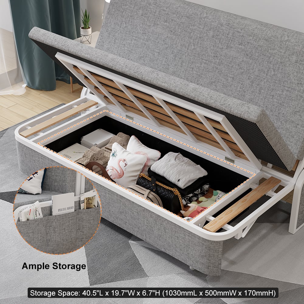 1530mm Modern Light Gray Cotton Linen Upholstered Convertible Pull Out Sofa Bed Storage - 