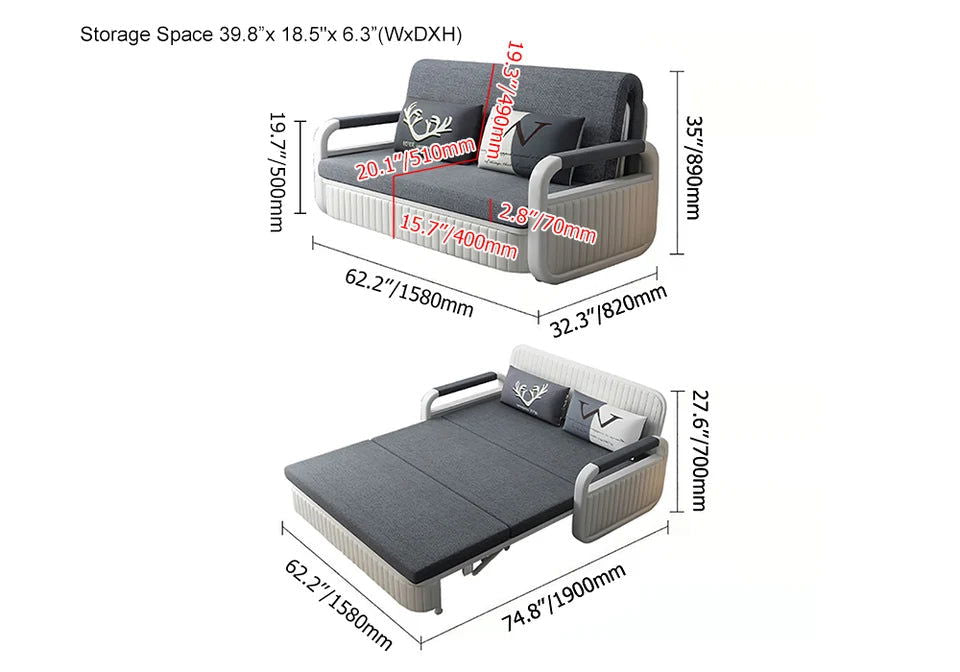 1580mm Modern Deep Grey Convertible Sleeper Sofa Cotton & Linen Upholstery with Storage - 
