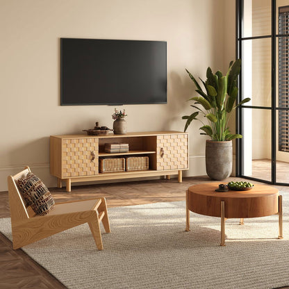 1580mm Natural Wood Mid Century TV Stand with Storage - 